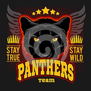 Hunting club sign. Hunter sport team shield symbol. Safari hunt of wild animal panther, logo, star