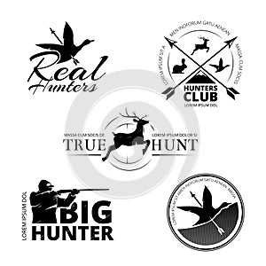 Hunting club vector labels, logos, emblems set