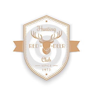 Hunting Club vintage emblem, badge, logo with deer head, shield shape logo on white