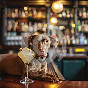 A hunting dog sits in a cozy café bar and hides behind a filled glass.