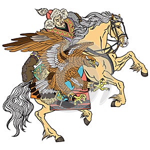 Hunting with an eagle on a horse. Illustration