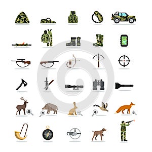 Hunting and equipment set of flat icons