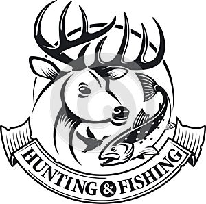 Hunting and fishing vector emblem and label