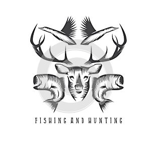 Hunting and fishing vintage emblem vector design