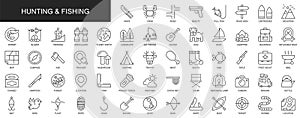 Hunting and fishing web icons set in thin line design. Pack of knife, mountain, trekking, binoculars, camping, pull fish, mushroom