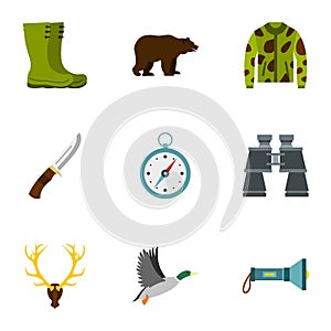 Hunting in forest icons set, flat style