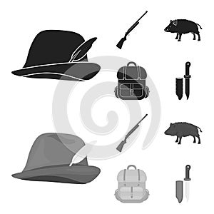 A hunting hat with a feather, a wild boar, a rifle, a backpack with things.Hunting set collection icons in black