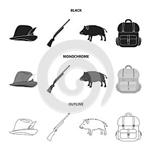 A hunting hat with a feather, a wild boar, a rifle, a backpack with things.Hunting set collection icons in black