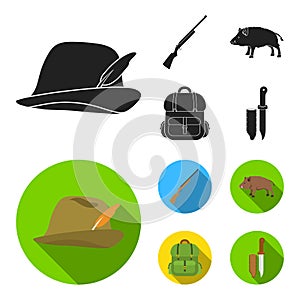 A hunting hat with a feather, a wild boar, a rifle, a backpack with things.Hunting set collection icons in black, flat