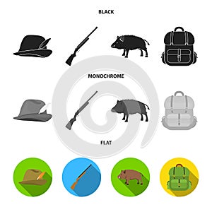 A hunting hat with a feather, a wild boar, a rifle, a backpack with things.Hunting set collection icons in black, flat