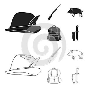 A hunting hat with a feather, a wild boar, a rifle, a backpack with things.Hunting set collection icons in black,outline