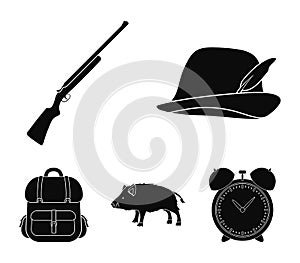 A hunting hat with a feather, a wild boar, a rifle, a backpack with things.Hunting set collection icons in black style