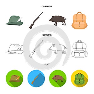 A hunting hat with a feather, a wild boar, a rifle, a backpack with things.Hunting set collection icons in cartoon