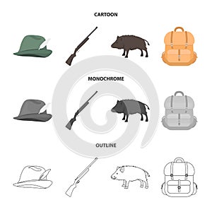 A hunting hat with a feather, a wild boar, a rifle, a backpack with things.Hunting set collection icons in cartoon