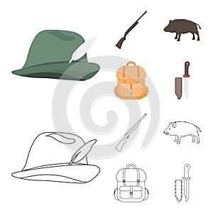 A hunting hat with a feather, a wild boar, a rifle, a backpack with things.Hunting set collection icons in cartoon