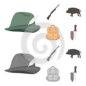 A hunting hat with a feather, a wild boar, a rifle, a backpack with things.Hunting set collection icons in cartoon