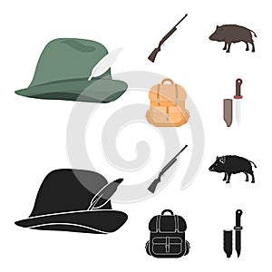 A hunting hat with a feather, a wild boar, a rifle, a backpack with things.Hunting set collection icons in cartoon,black