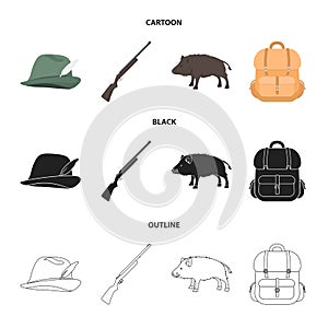 A hunting hat with a feather, a wild boar, a rifle, a backpack with things.Hunting set collection icons in cartoon,black