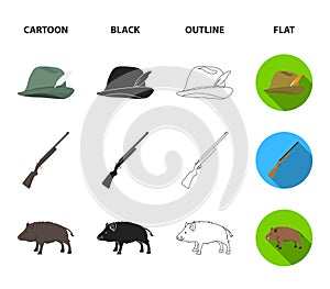 A hunting hat with a feather, a wild boar, a rifle, a backpack with things.Hunting set collection icons in cartoon,black