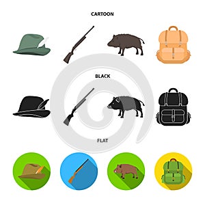 A hunting hat with a feather, a wild boar, a rifle, a backpack with things.Hunting set collection icons in cartoon,black