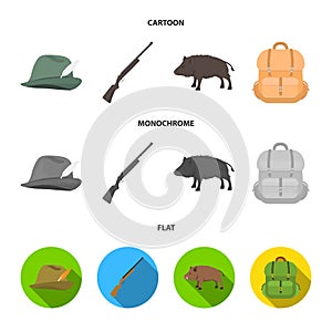 A hunting hat with a feather, a wild boar, a rifle, a backpack with things.Hunting set collection icons in cartoon,flat