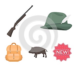 A hunting hat with a feather, a wild boar, a rifle, a backpack with things.Hunting set collection icons in cartoon style