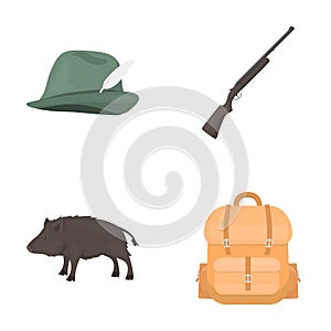 A hunting hat with a feather, a wild boar, a rifle, a backpack with things.Hunting set collection icons in cartoon style