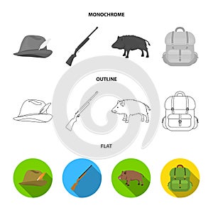 A hunting hat with a feather, a wild boar, a rifle, a backpack with things.Hunting set collection icons in flat,outline