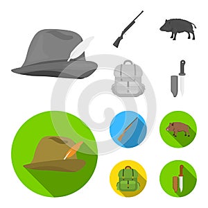 A hunting hat with a feather, a wild boar, a rifle, a backpack with things.Hunting set collection icons in monochrome