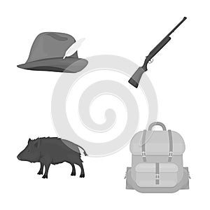 A hunting hat with a feather, a wild boar, a rifle, a backpack with things.Hunting set collection icons in monochrome