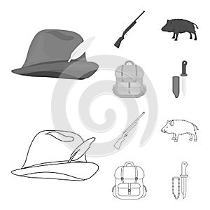 A hunting hat with a feather, a wild boar, a rifle, a backpack with things.Hunting set collection icons in outline