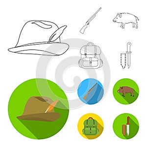 A hunting hat with a feather, a wild boar, a rifle, a backpack with things.Hunting set collection icons in outline,flat