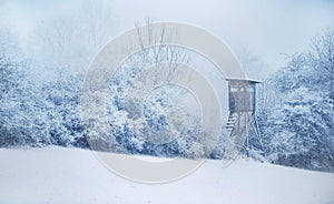 Hunting Hide. Winter in Central Europe. Snowfall.