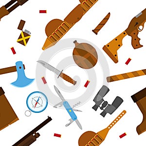 Hunting icons pattern with knife, axe, shotgun in flat style.