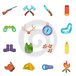 Hunting icons set, cartoon style