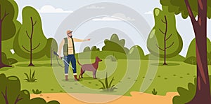 Hunting illustration. Cartoon hunter holding gun and aiming at target with weapon and equipment, nature recreational