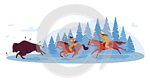 Hunting Indians, horse riders, ethnic culture, pampean buffalo hunter, gallop shoot, design, flat style vector