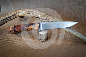 Hunting knife with burnished blade and wooden handle