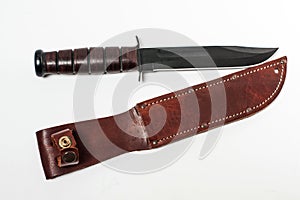 Hunting knife with leather case on white background