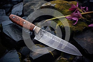 hunting knife lying on a stone, with sharpening dust around