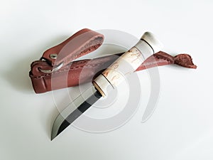 A hunting knife with a short blade and a bone handle with a leather case on a white background