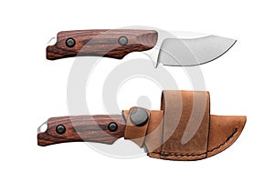 Hunting knife with wooden handle and leather case isolated on white