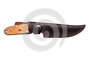 Hunting knife with wooden handle and leather case isolated on white