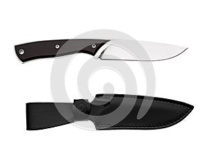 Hunting knife with wooden handle and leather case isolated on white