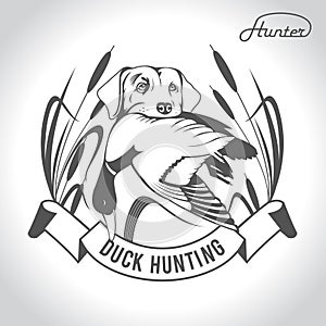 Hunting logo hunting dog with a wild duck in his teeth and design elements. The outfit of the hunter. 2