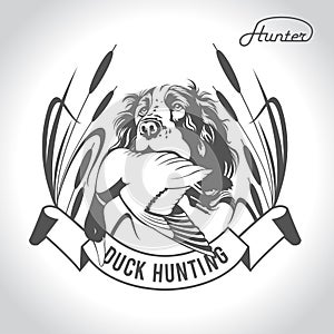 Hunting logo hunting dog with a wild duck in his teeth and design elements. The outfit of the hunter.4