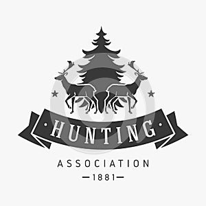 Hunting season in winter vector logo. Association clubs for gambling deer tracking during cold season.