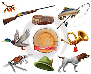 Hunting set. Shotgun, dog, duck, fishing, horn, hat, knife. vector icon