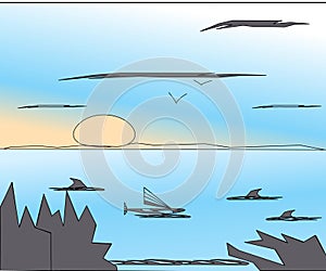 hunting shark when sunset is come. illustration image. landscape sunset design. artwork design.