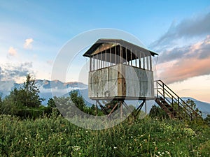 Hunting shelter during the sunset, Pyrenees, Canigou massif, France